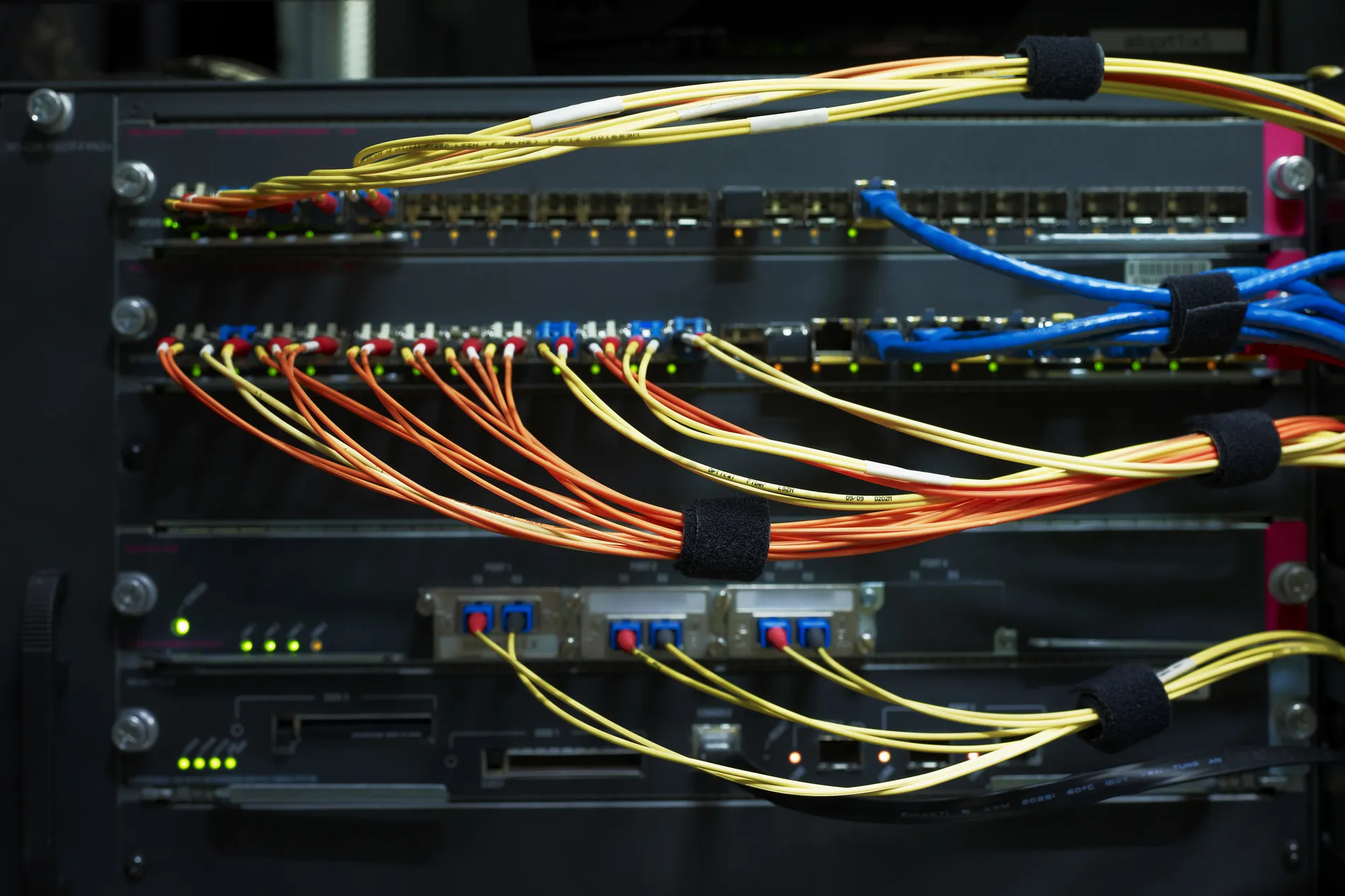 Fibre and network cables at a patch panel