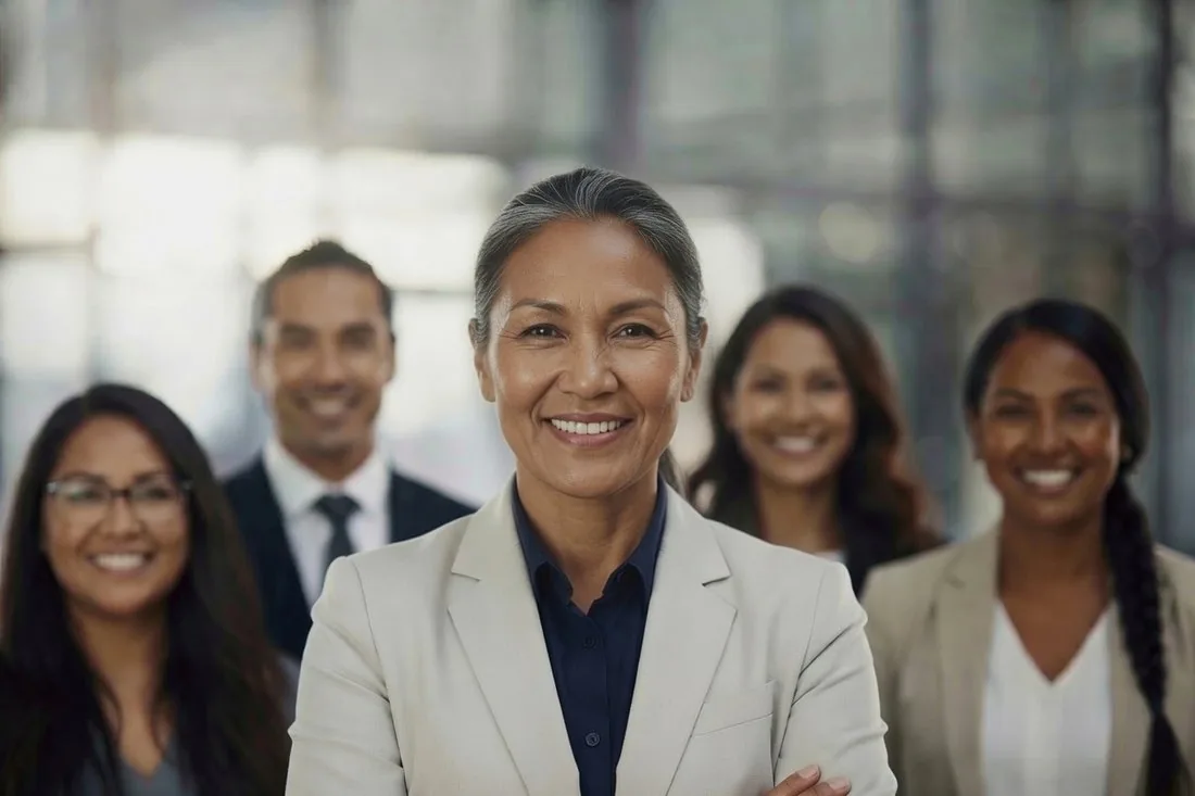 A team of professionals standing together in an office